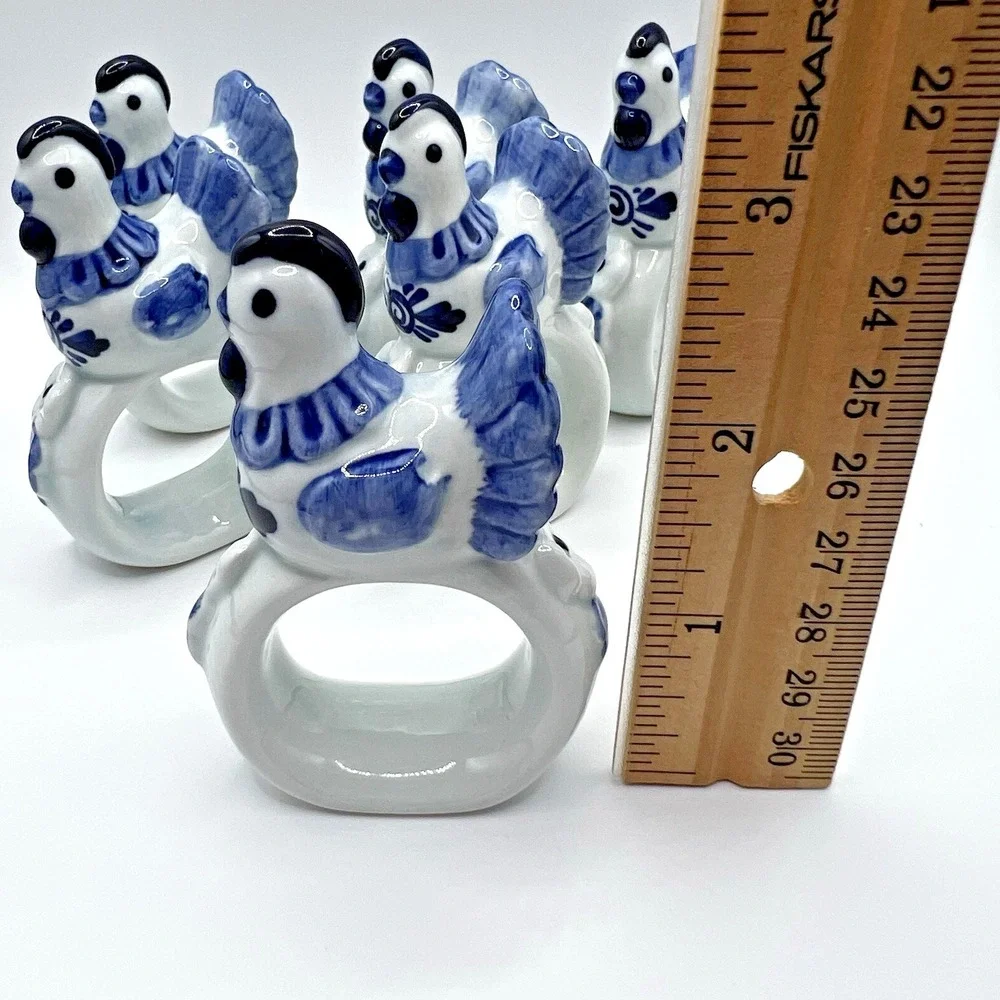 Hen Blue Ceramic Napkin Rings Farmhouse Cottagecore Chicken Vintage Set of 6